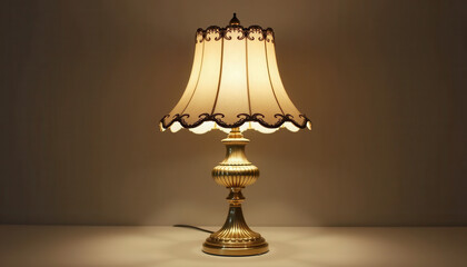 A neoclassical-style table lamp with a gold ornate base and a beige lampshade featuring intricate black trim. Illuminated warmly, it adds elegance and classic charm to any refined space