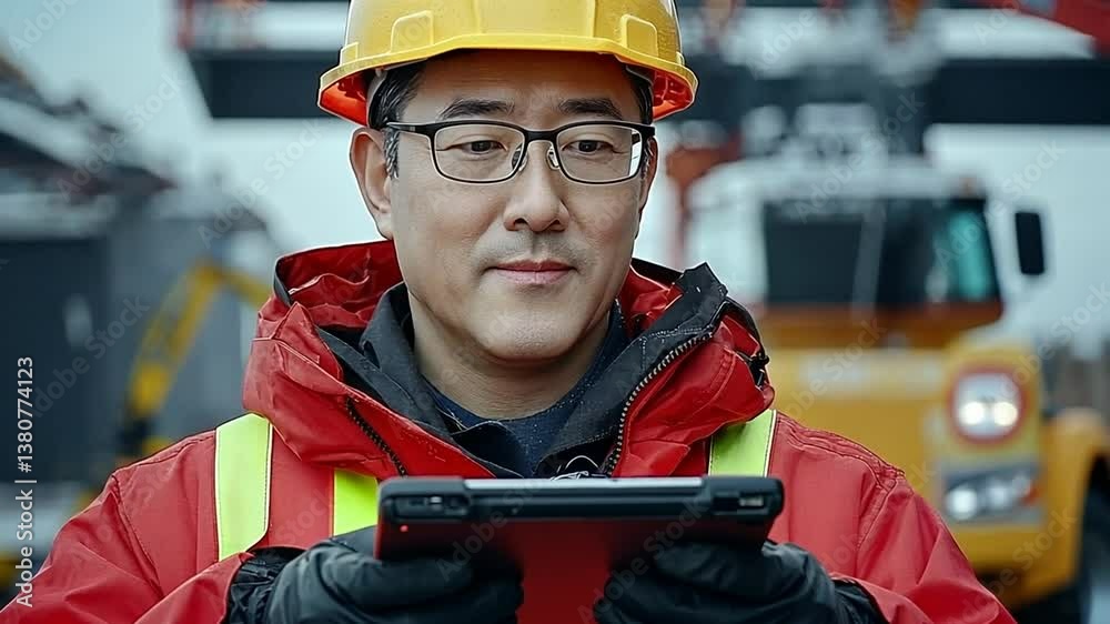 Poster engineer inspects construction site while using tablet for data generative ai