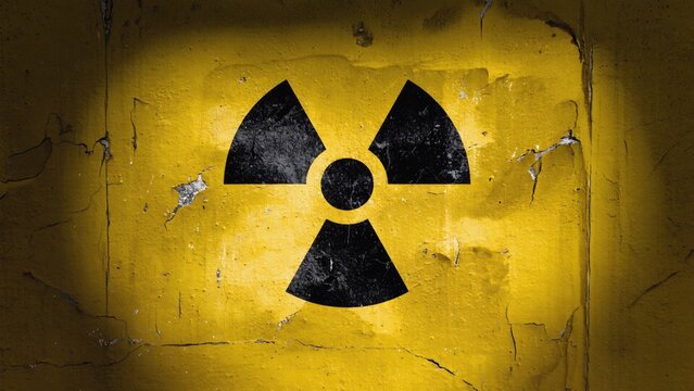 A bright yellow sign with a black radioactive symbol, often used in hazardous materials handling or emergency situations - Powered by Adobe
