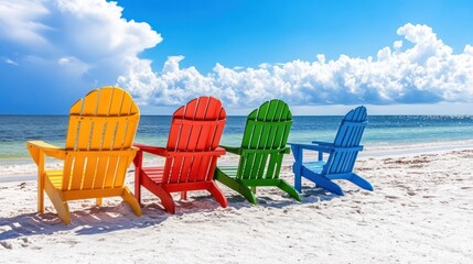 Colorful beach chairs facing ocean, sunny sky, vacation relaxation
