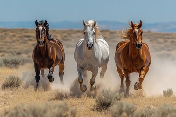 Fototapeta premium Three majestic horses — a dark bay, a grey, and a chestnut — gallop across a sun-drenched desert landscape, kicking up dust in their wake. A breathtaking display of power and freedom.