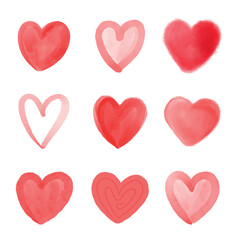 Watercolor hearts set in red and pink tones. Hand-painted romantic heart shapes, perfect for Valentine's Day, wedding invitations, love-themed designs, greeting cards, prints, and digital decorations