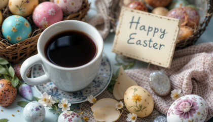 Fototapeta premium White cup of coffee on floral saucer with decorated Easter eggs in wicker basket, handwritten Happy Easter card, small white flowers and pink fabric on wooden table