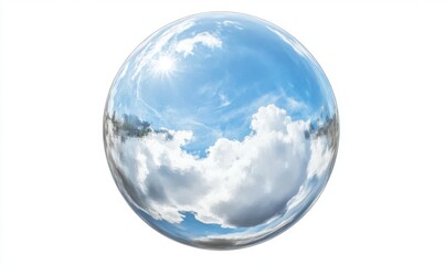 Reflective sphere with sky, clouds, sun, isolated, ideal for abstract designs