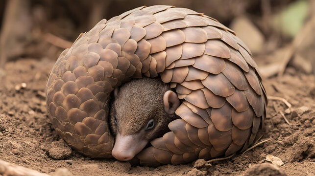 A pangolin curled up in a ball for protection