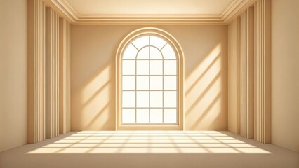Fototapeta premium Bright, empty room with a large arched window and diagonal light patterns on the floor.