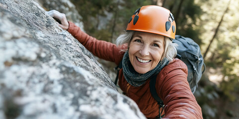 Smiling senior woman wearing helmet having fun during rock climbing adventure
