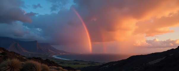 Full rainbow over rugged West Maui silhouette, dramatic clouds , sea, sunset