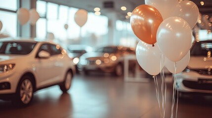 Bright balloons float cheerfully in a sleek showroom showcasing new cars. The warm ambiance reflects excitement and joy, perfect for celebrating recent arrivals and customer milestones