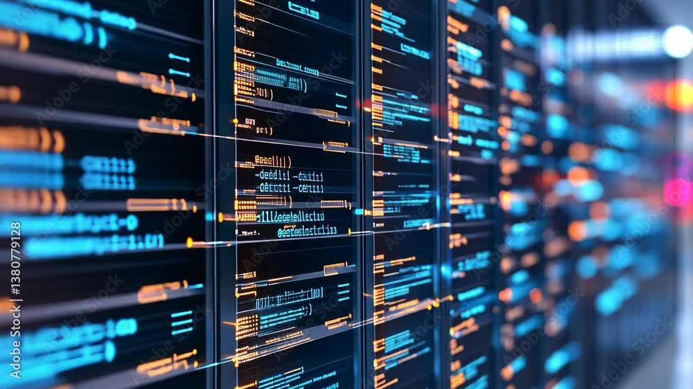 Poster digital code displayed on screens showcasing programming language in a modern tech environment