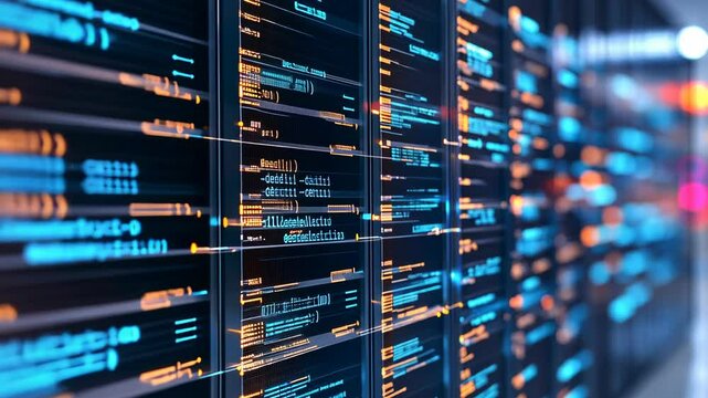 Digital code displayed on screens showcasing programming language in a modern tech environment