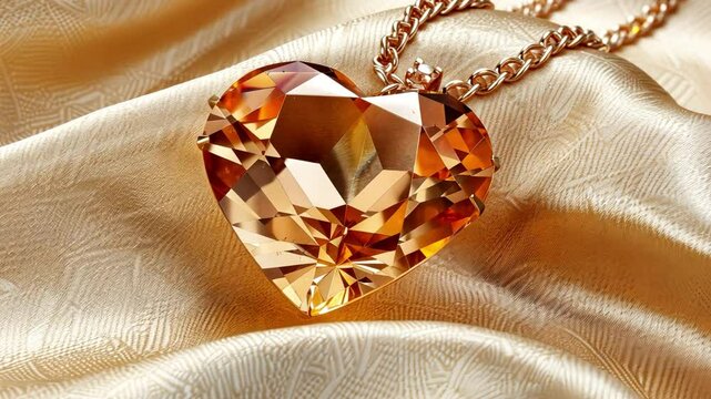 Elegant Heart Pendant Orange Crystal Jewelry Shines on Luxurious Golden Fabric, Showcasing Intricate Facets and Warm Hues for Touch of Luxury.