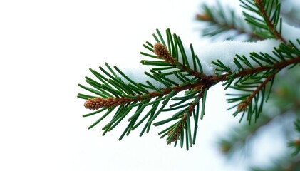 Obraz premium Isolated pine branch against a snowy white backdrop, nature, bark, needle