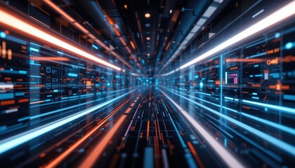 Futuristic data transmission virtual environment digital art high-tech setting dynamic perspective conceptual visualization