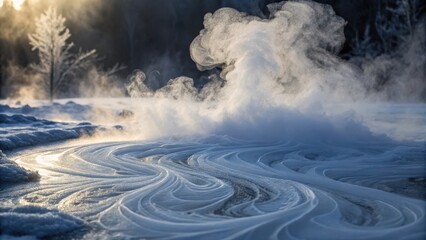 Chemical substance synthetic concept. Liquid nitrogen is poured over synthetic materials in a dynamic and visually striking composition.