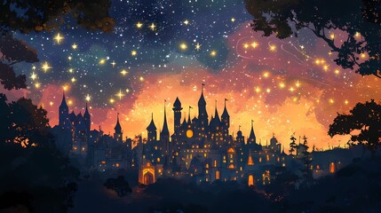 Fototapeta premium Starlit Enchanted Forest Castle at Dusk