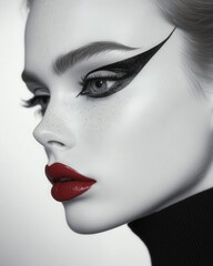 Model with dramatic eyeliner and eyeshadow in a high-fashion aesthetic