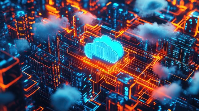 A digital illustration featuring a neon-lit cityscape with glowing lines forming a grid pattern.