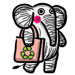 Eco elephant holding recycle tote – cute hand-drawn animal icon for zero waste and earth-loving lifestyle