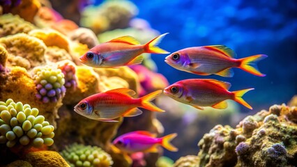 Vibrant Underwater Scene with Colorful Fish Swimming Near Coral