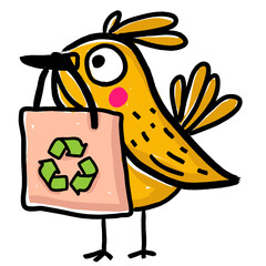 Bright yellow bird holding a recycle tote bag – hand-drawn eco animal sticker promoting reuse, zero waste, and climate responsibility