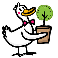Elegant swan holding a potted tree – hand-drawn eco-friendly animal icon symbolizing care for nature and peaceful green living