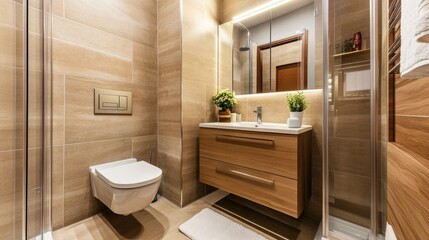 Photo of modern small bathroom with cashmere cabinets, LED-lit mirror, wall-hung toilet and shf modern small bathroom with cashmere cabinets, LED-lit mirror, wall-hung toilet and shower cubicle