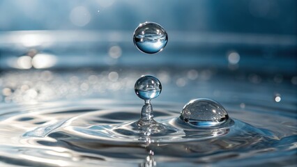 Chemical substance synthetic concept. Crystal-clear droplets on a reflective surface create a mesmerizing and serene visual effect.