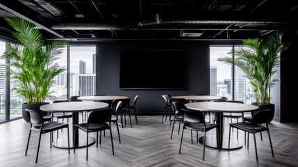 Fototapeta premium Modern minimalist meeting room interior with dark walls, large windows, round tables, black chairs, and potted plants. City view visible.