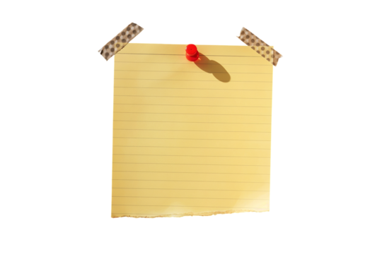 Empty note paper mockup. Message reminder card template isolated on transparent background. Yellow lined paper texture. Grey grunge ripped adhesive washi tape. Business office stationery object