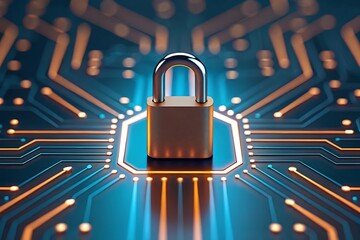 A gleaming padlock stands guard, symbolizing digital fortress security, amidst a vibrant, glowing circuit board.