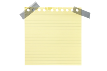 Empty note paper mockup. Message reminder card template isolated on transparent background. Yellow lined paper texture. Grey grunge ripped adhesive washi tape. Business office stationery object