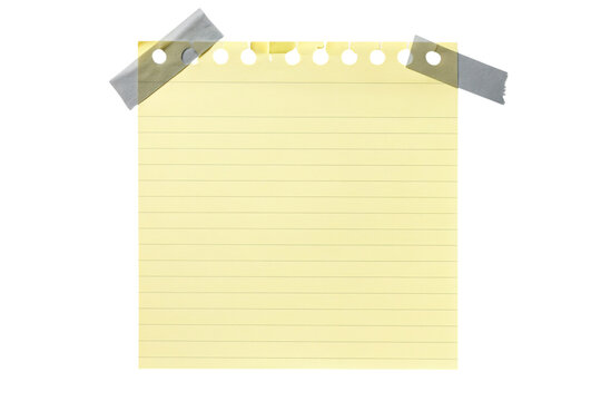 Empty note paper mockup. Message reminder card template isolated on transparent background. Yellow lined paper texture. Grey grunge ripped adhesive washi tape. Business office stationery object