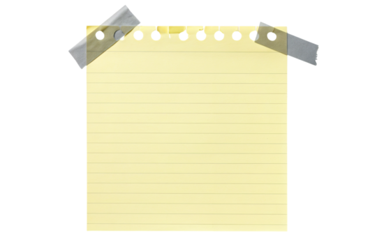 Empty note paper mockup. Message reminder card template isolated on transparent background. Yellow lined paper texture. Grey grunge ripped adhesive washi tape. Business office stationery object