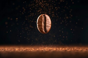 A single roasted coffee bean floats, suspended in time, amidst a flurry of rich brown dust, a moment of pure aromatic anticipation.