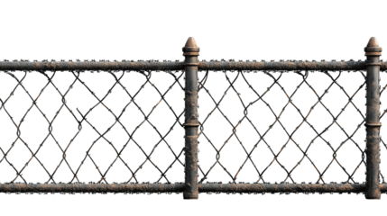 Rusty metal fence with intricate wire design