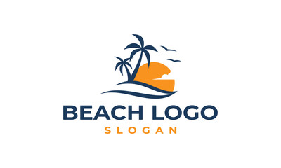 beach sunset vector illustration, palm wave logo template