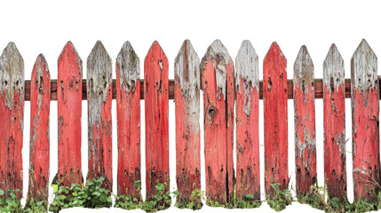 weathered red wooden fence with peeling paint and green plants at base