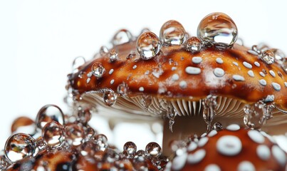 Dewy mushrooms on white background, macro view, ideal for nature projects