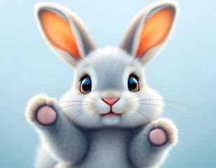 Obraz premium Cute Bunny Raising Paws with Fluffy Fur Against a Soft Blue Background