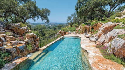 Fototapeta premium Serene Backyard Oasis with Swimming Pool and Scenic Landscape View