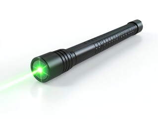 Shining Green Laser Pointer Emitting Light on White Background Studio Shot