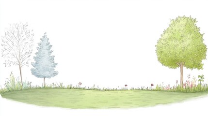 Obraz premium A serene landscape illustration featuring a grassy area, two trees, and a variety of flowers, evoking tranquility and connection with nature.