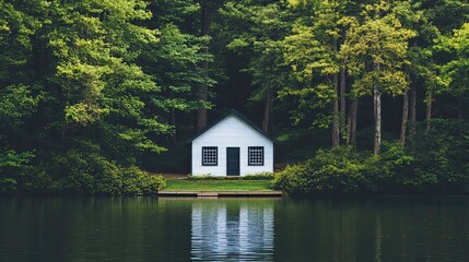 Obraz premium Tranquil cabin retreat by serene lake forested nature scene peaceful environment