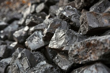 Photo of Big pile of natural black coals. Background texture for backdrops or mapping