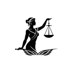 A black and white vector silhouette of a lady with a strong, confident stance, holding the scales of justice in one hand on a white background