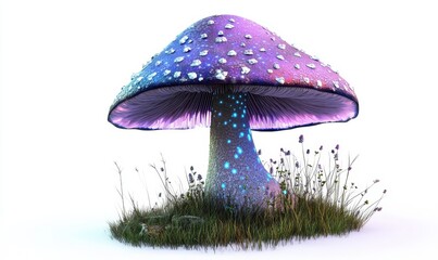 Glowing mushroom in grass on white background, digital art