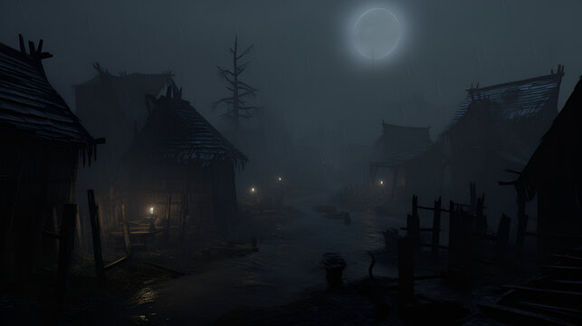 abandoned village, horror ambience, darkness, night sinister, haunted places