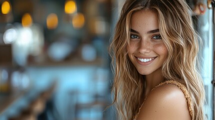 Obraz premium Golden Hour Beauty: A Portrait of a Freckled Woman