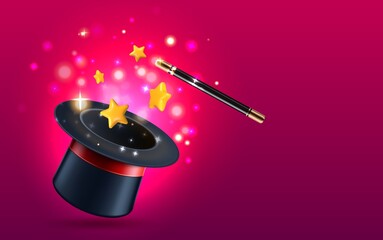 Magic Wand and magic hat with red gradient background © Macrovector